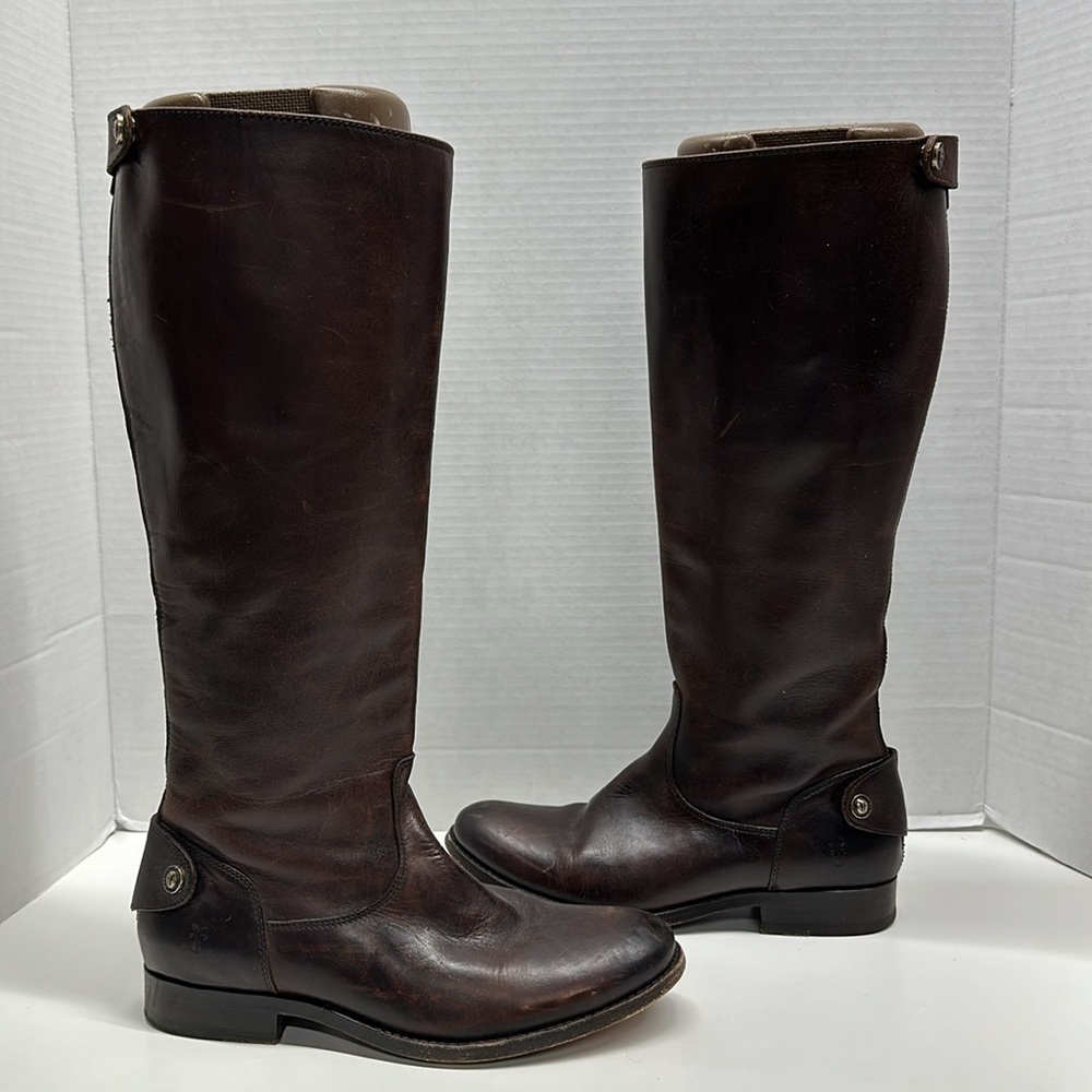 Frye Melissa Button Back Zip Leather Knee High Riding Biker Boots Boot Brown 6